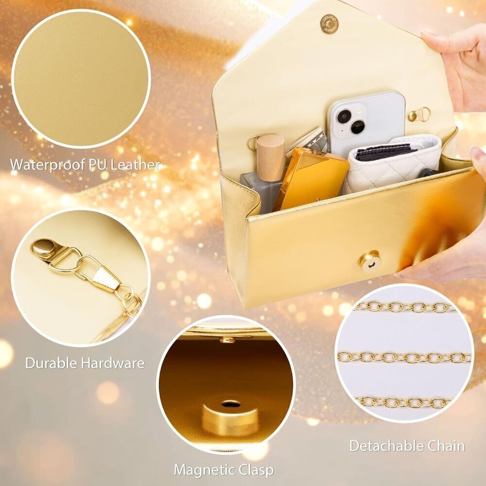 🆕Women Gold Metallic Vegan Leather Evening Clutch Bag with Chain Strap Wedding - Picture 3 of 7